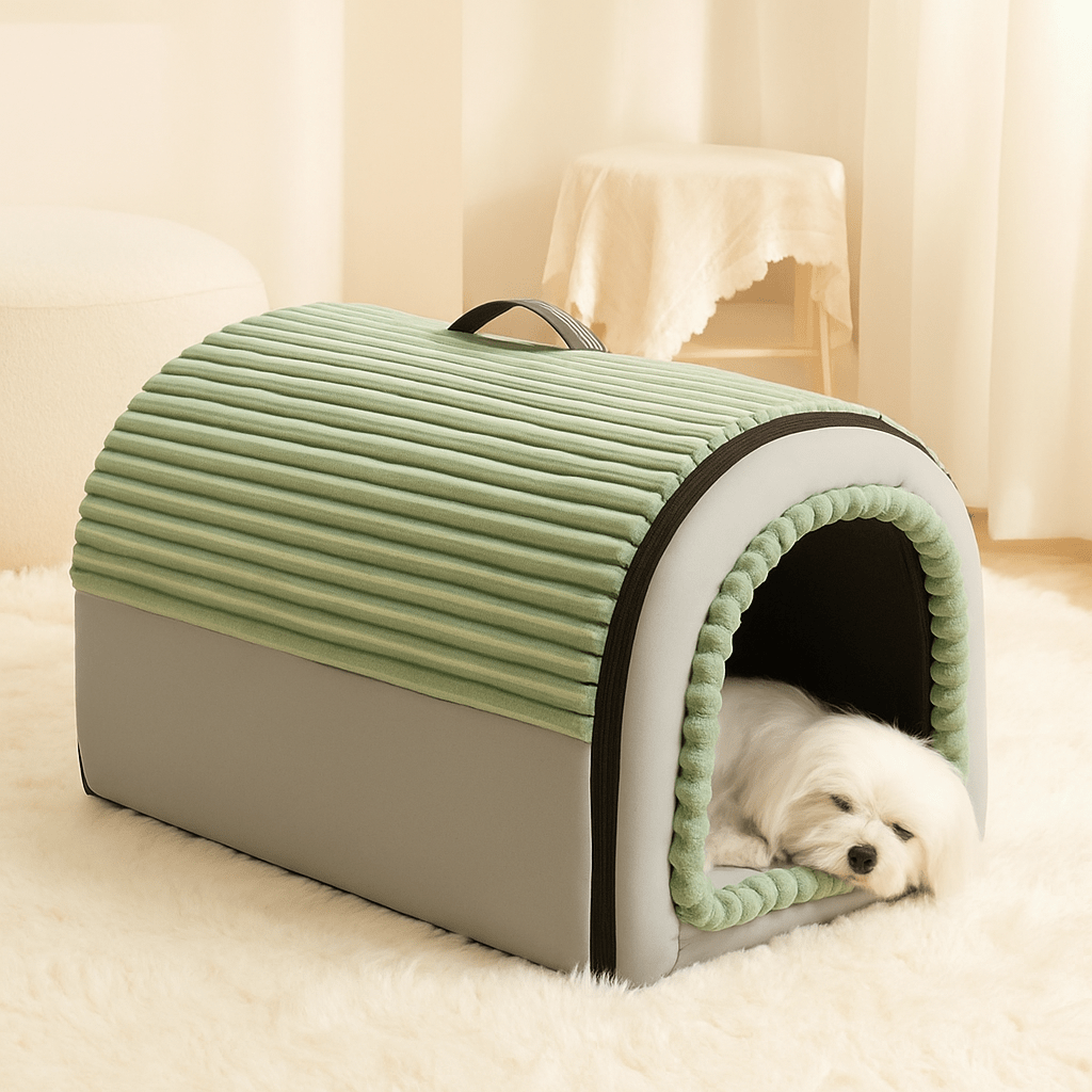 Niche-d-intérieur-pour-chien-panier-avec-coussin amovible et lavable en machine en peluche douce-pliable-poignée de transport-antidérapant-gris et vert-pour chien de 0 à 15 kg-en forme de dôme sécurisant-un petit chien blanc qui dort paisiblement dans sa niche au chaud dans la chambre de l'appartement