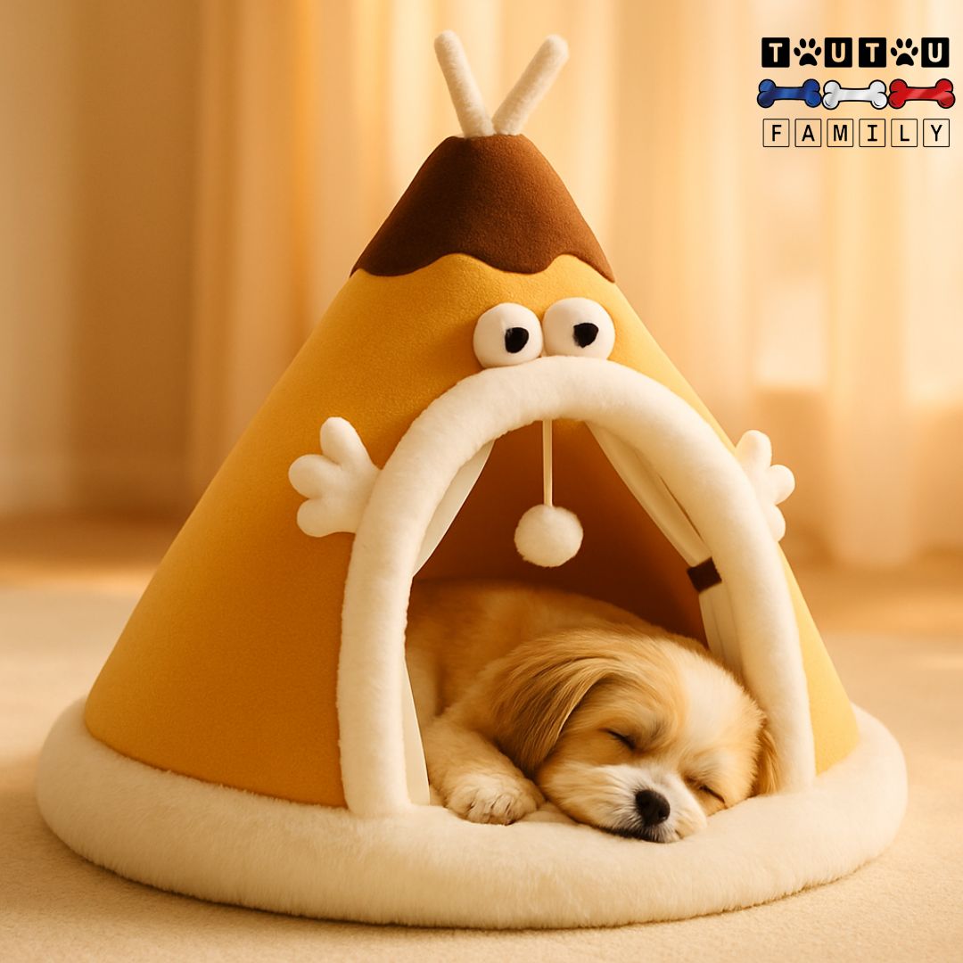 Niche-d-interieur-pour-petit-chien-anti-stress un Shih Tzu qui dort paisiblement la tête reposant sur l'entrée de la niche en forme de tente douce et chaude 100% coton de couleur orange-antidérapante-et-lavable en machine