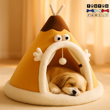 Niche-d-interieur-pour-petit-chien-anti-stress un Shih Tzu qui dort paisiblement la tête reposant sur l'entrée de la niche en forme de tente douce et chaude 100% coton de couleur orange-antidérapante-et-lavable en machine