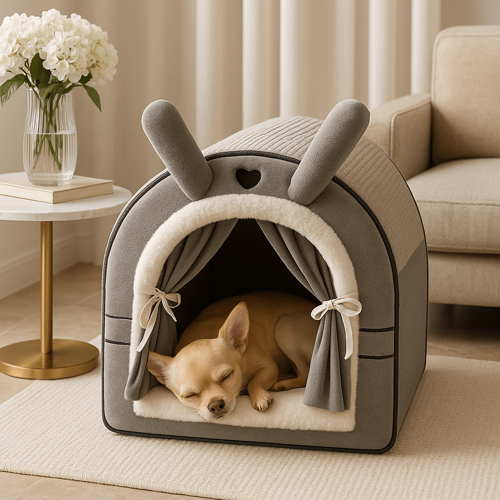 Niche-d-intérieur-pour-petit-chien-antidérapant-imperméable avec son coussin intérieur ergonomique amovible et dehoussable lavable en machine-en forme d'igloo chaud et entourant 100% coton pour une isolation thermique optimal-un chihuahua qui dort paisiblement dans sa niche au design mignon en peluche dans le salon de l'appartement