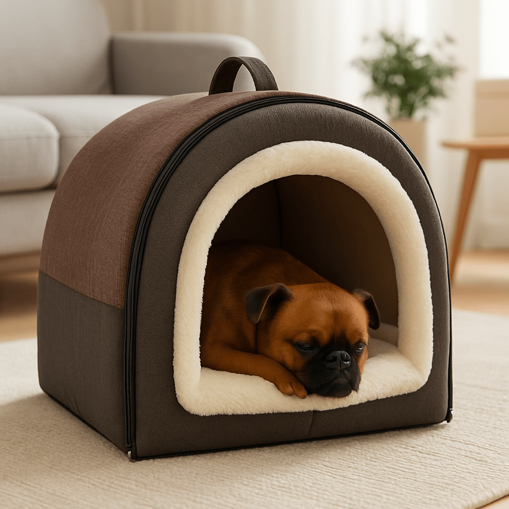 Niche-d-intérieur-pour-petit-chien-grotte-avec-coussin amovible intérieur rembourrage 100% coton haute densité et peluche douce et hypoallergénique-antidérapant et imperméable-en forme de dôme avec poignée de transport et ouverture par fermeture éclair des deux cotés, lavable et pliable pour chien de petite taille de 0 à 5 kg-Un chien de petite taille qui dort paisiblement au chaud dans sa niche grise dans le salon douillet de la maison