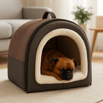 Niche-d-intérieur-pour-petit-chien-grotte-avec-coussin amovible intérieur rembourrage 100% coton haute densité et peluche douce et hypoallergénique-antidérapant et imperméable-en forme de dôme avec poignée de transport et ouverture par fermeture éclair des deux cotés, lavable et pliable pour chien de petite taille de 0 à 5 kg-Un chien de petite taille qui dort paisiblement au chaud dans sa niche grise dans le salon douillet de la maison