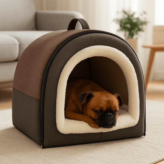 Niche-d-intérieur-pour-petit-chien-grotte-avec-coussin amovible intérieur rembourrage 100% coton haute densité et peluche douce et hypoallergénique-antidérapant et imperméable-en forme de dôme avec poignée de transport et ouverture par fermeture éclair des deux cotés, lavable et pliable pour chien de petite taille de 0 à 5 kg-Un chien de petite taille qui dort paisiblement au chaud dans sa niche grise dans le salon douillet de la maison