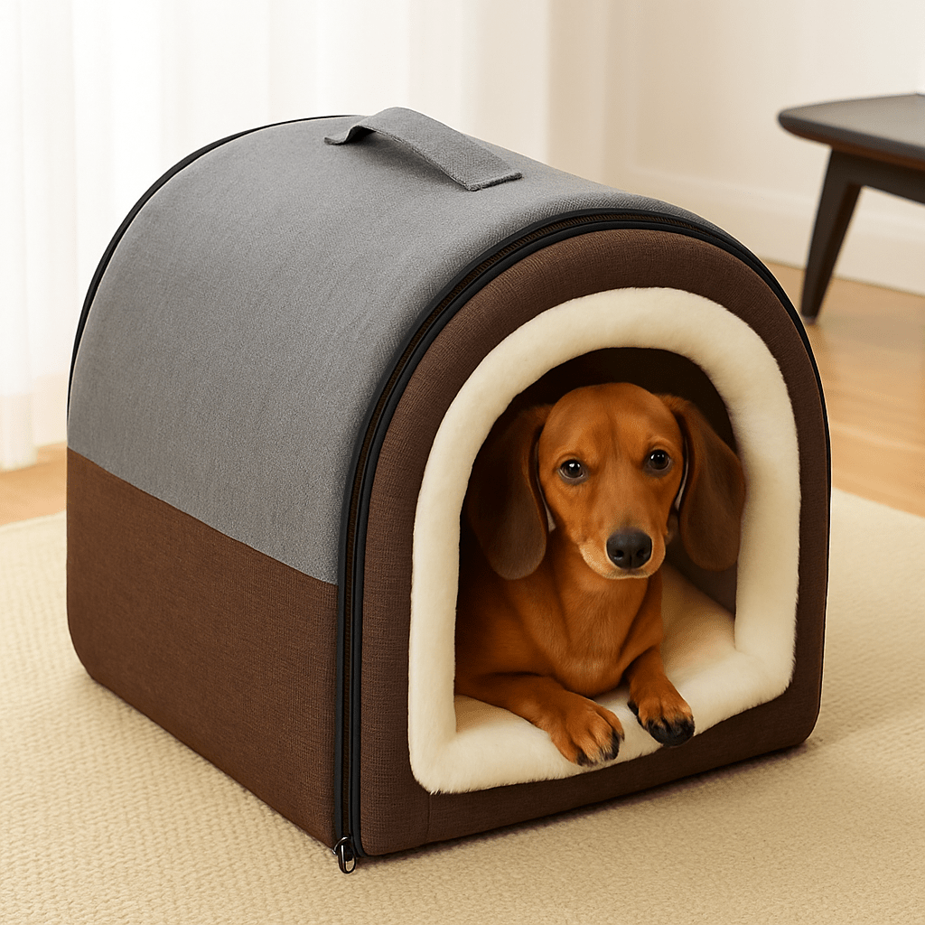 Niche-d-intérieur-pour-petit-chien-grotte-avec-coussin amovible intérieur rembourrage 100% coton haute densité et peluche douce et hypoallergénique-antidérapant et imperméable-en forme de dôme avec poignée de transport et ouverture par fermeture éclair des deux cotés, lavable et pliable pour chien de petite taille de 0 à 5 kg-Un chien de race miniature qui dort paisiblement au chaud dans sa niche grise dans le salon douillet de l'appartement