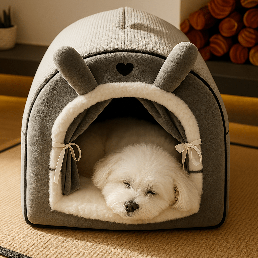 Niche-d-intérieur-pour-petit-chien-antidérapant-imperméable avec son coussin intérieur ergonomique amovible et déhoussable lavable en machine-en forme d'igloo chaud et entourant 100% coton pour une isolation thermique optimal-un Coton de Tuléar qui dort paisiblement dans sa niche au design mignon en peluche dans le salon de l'appartement
