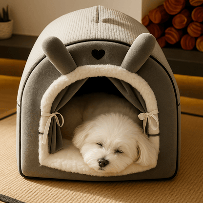 Niche-d-intérieur-pour-petit-chien-antidérapant-imperméable avec son coussin intérieur ergonomique amovible et déhoussable lavable en machine-en forme d'igloo chaud et entourant 100% coton pour une isolation thermique optimal-un Coton de Tuléar qui dort paisiblement dans sa niche au design mignon en peluche dans le salon de l'appartement
