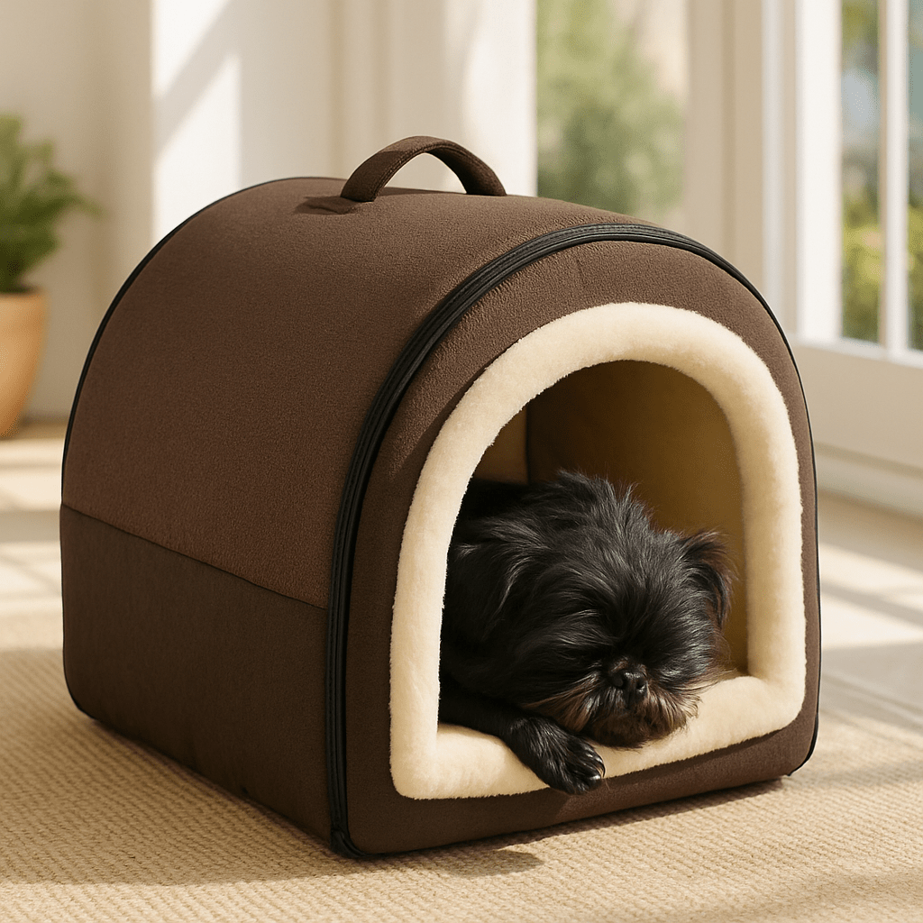 Niche-d-intérieur-pour-petit-chien-grotte-avec-coussin amovible intérieur rembourrage 100% coton haute densité et peluche douce et hypoallergénique-antidérapant et imperméable-en forme de dôme avec poignée de transport et ouverture par fermeture éclair des deux cotés, lavable et pliable pour chien de petite taille de 0 à 5 kg-Un petit chien noir qui dort paisiblement au chaud dans sa niche grise dans la véranda de la maison