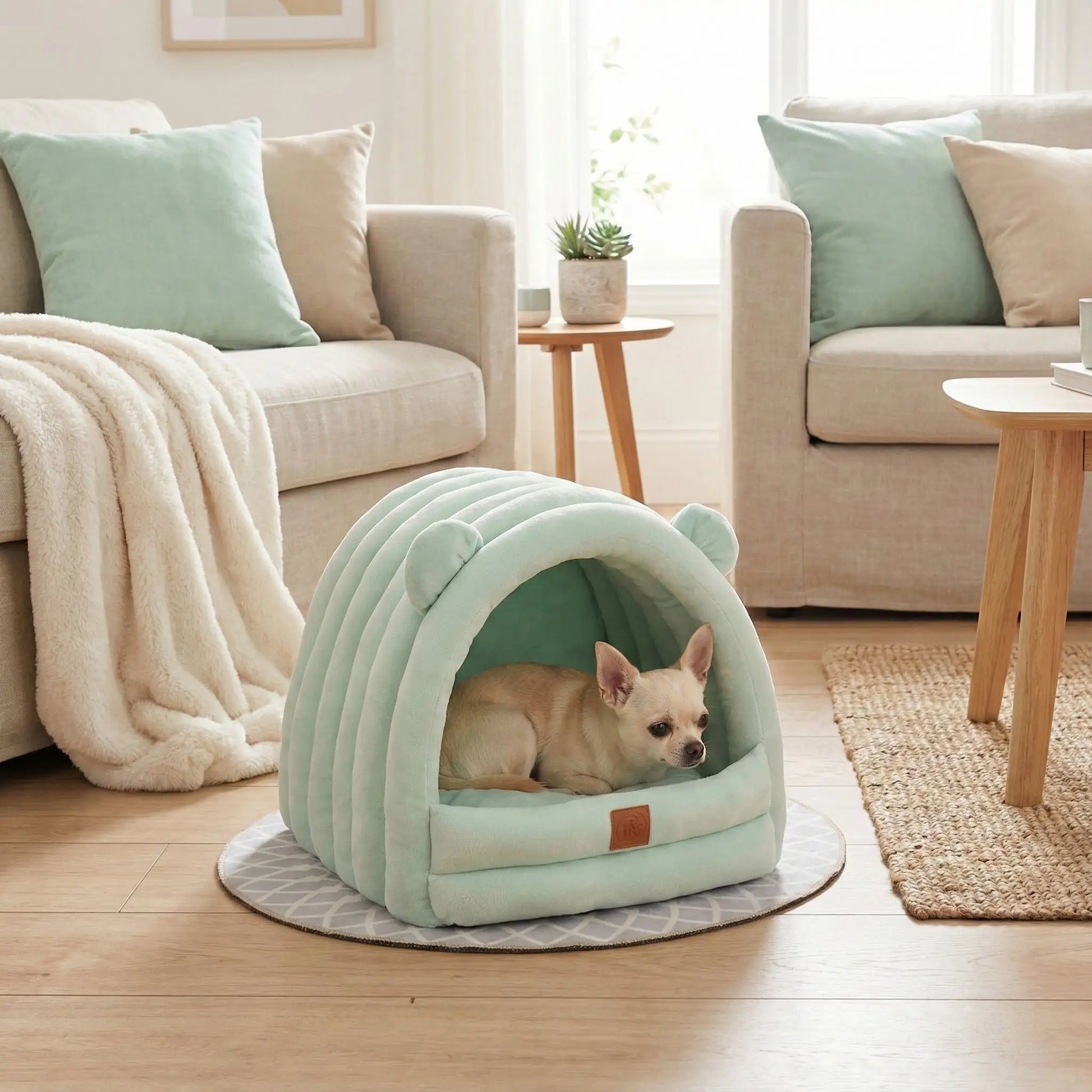 Niche-d-intérieur-pour-petit-chien-chaude-antidérapant et imperméable-100% coton haute densité avec son coussin intérieur ergonomique lavable en machine-design mignon avec petites oreilles de chien sur le toit-souple rembourré qui protège du froid et des courants d'air-légère et compacte, idéal pour les transports-un chihuahua couché confortablement sans sa niche douillette de couleur verte dans le salon de l'appartement