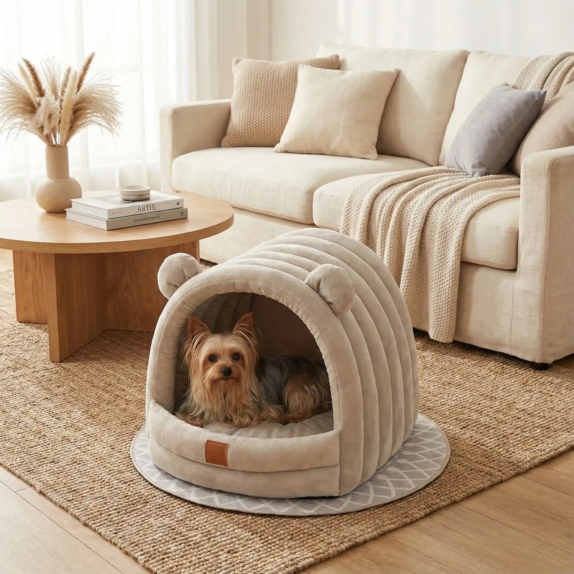 Niche-d-intérieur-pour-petit-chien-chaude-antidérapant et imperméable-100% coton haute densité avec son coussin intérieur ergonomique lavable en machine-design mignon avec petites oreilles de chien sur le toit-souple rembourré qui protège du froid et des courants d'air-légère et compacte, idéal pour les transports-un chien de race naine couché confortablement sans sa niche douillette de couleur gris dans le salon de l'appartement