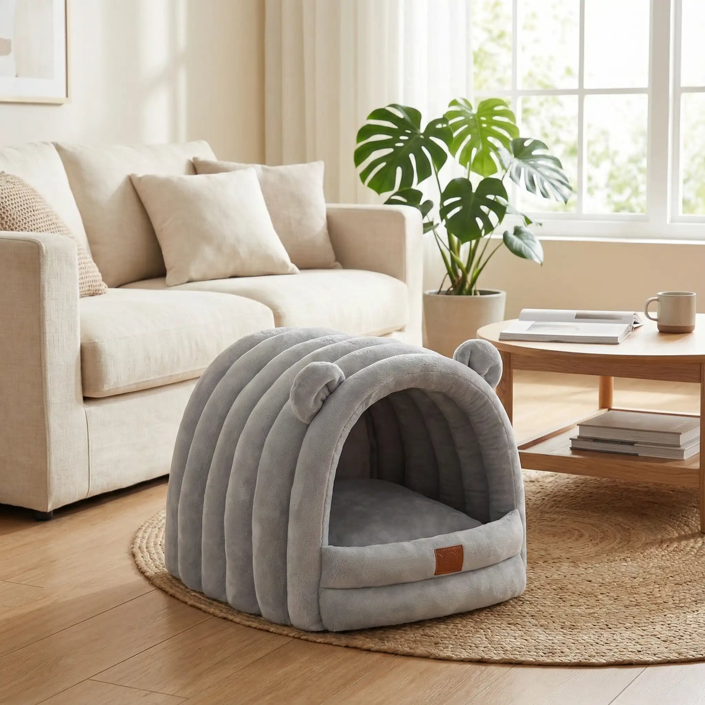 Niche-d-intérieur-pour-petit-chien-chaude-antidérapant et imperméable-100% coton haute densité avec son coussin intérieur ergonomique lavable en machine-design mignon avec petites oreilles de chien sur le toit-souple rembourré qui protège du froid et des courants d'air-légère et compacte, idéal pour les transports-couleur gris pour chiot et chien de race naines 