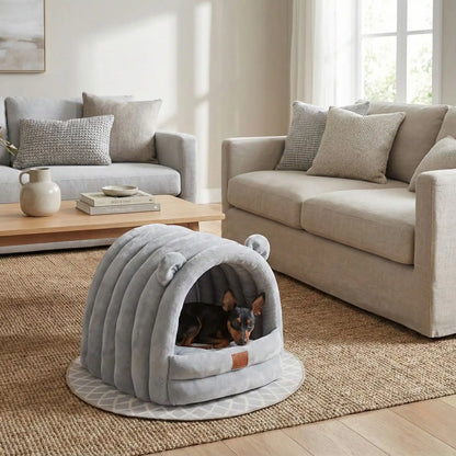Niche-d-intérieur-pour-petit-chien-chaude-antidérapant et imperméable-100% coton haute densité avec son coussin intérieur ergonomique lavable en machine-design mignon avec petites oreilles de chien sur le toit-souple rembourré qui protège du froid et des courants d'air-légère et compacte, idéal pour les transports-un pinscher naincouché confortablement sans sa niche douillette dans le salon de l'appartement