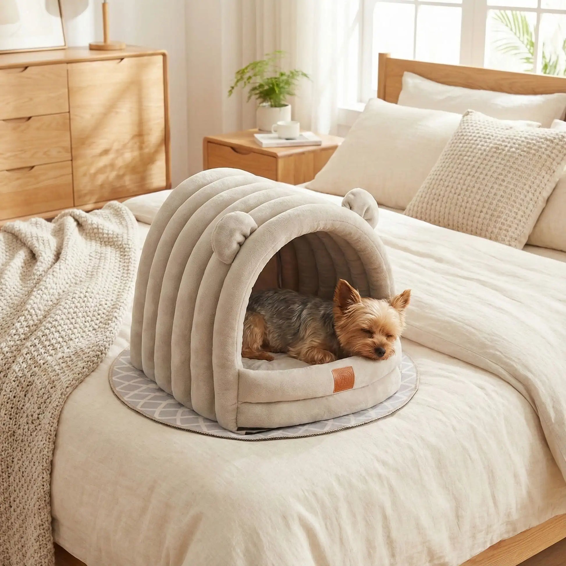 Niche-d-intérieur-pour-petit-chien-chaude-antidérapant et imperméable-100% coton haute densité avec son coussin intérieur ergonomique lavable en machine-design mignon avec petites oreilles de chien sur le toit-souple rembourré qui protège du froid et des courants d'air-légère et compacte, idéal pour les transports-un Yorkshire qui dort paisiblement sans sa niche douillette sur le lit de la chambre de la maison