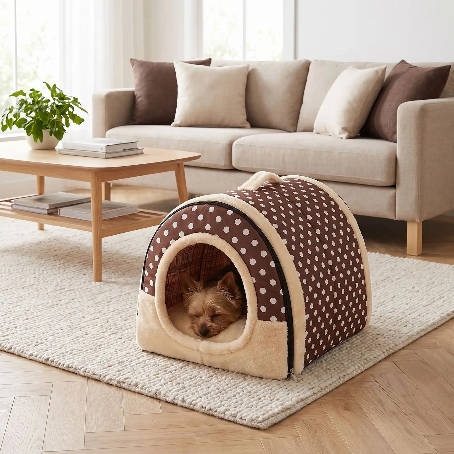 Niche chien et chiot intérieur de petite race, résistante, en forme d'igloo au design sécurisant fermée en arc de cercle avec un coussin rectangulaire au rembourrage 100% coton haute densité lavable,double face été en tissu/hiver en peluche  et fond antidérapant et extérieur 100% imperméable, transportable avec sa poignée, lavable- un chien petite race qui dort couché confortablement au chaud dans sa niche douillette, chaude sécurisante à 360° avec son coussin réversible été/hiver dans le salon de la maison