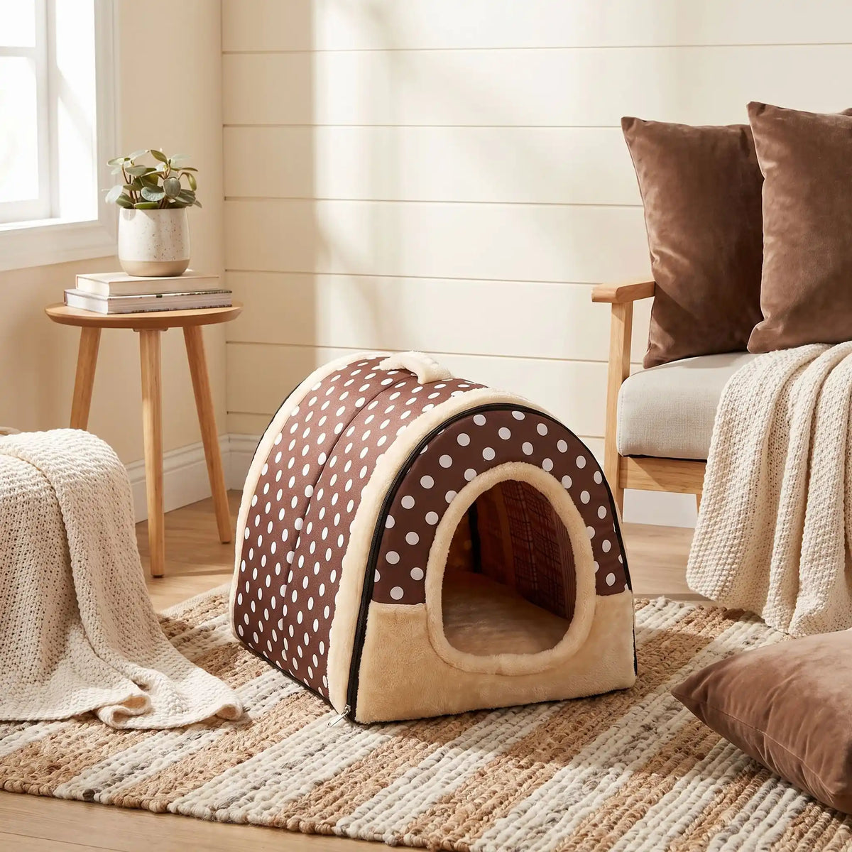 Niche chien et chiot intérieur de petite race, résistante, en forme d'igloo au design sécurisant fermée en arc de cercle avec un coussin rectangulaire au rembourrage 100% coton haute densité lavable,double face été en tissu/hiver en peluche  et fond antidérapant et extérieur 100% imperméable, transportable avec sa poignée, lavable- gros plan sur la niche douillette, chaude sécurisante à 360° avec son coussin réversible été/hiver lavable pour chiot et chien de couleur marron et poids de couleur beige