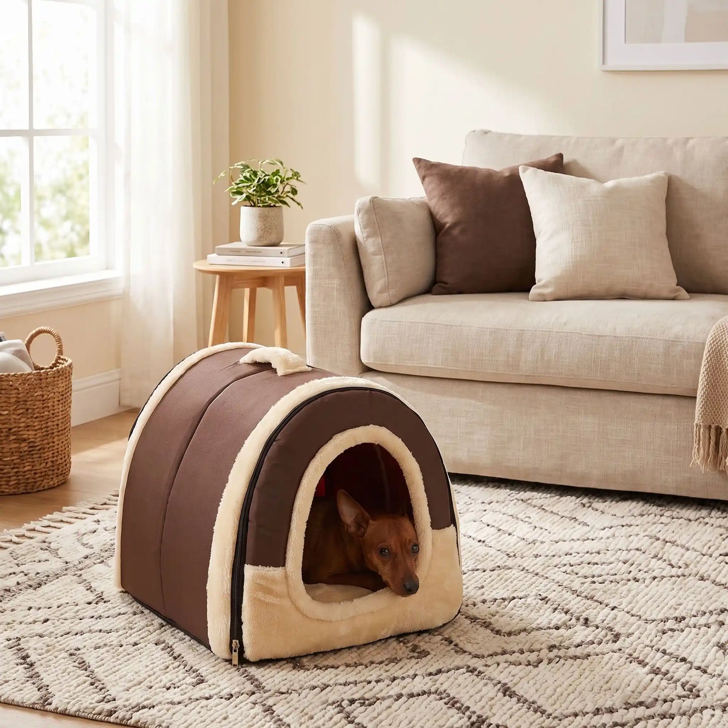 Niche chien et chiot intérieur de petite race, résistante, en forme d'igloo au design sécurisant fermée en arc de cercle avec un coussin rectangulaire au rembourrage 100% coton haute densité lavable,double face été en tissu/hiver en peluche  et fond antidérapant et extérieur 100% imperméable, transportable avec sa poignée, lavable- un chien nain anxieux qui réfugie au chaud dans sa niche douillette, chaude sécurisante à 360° avec son coussin réversible été/hiver dans le salon de l'appartement