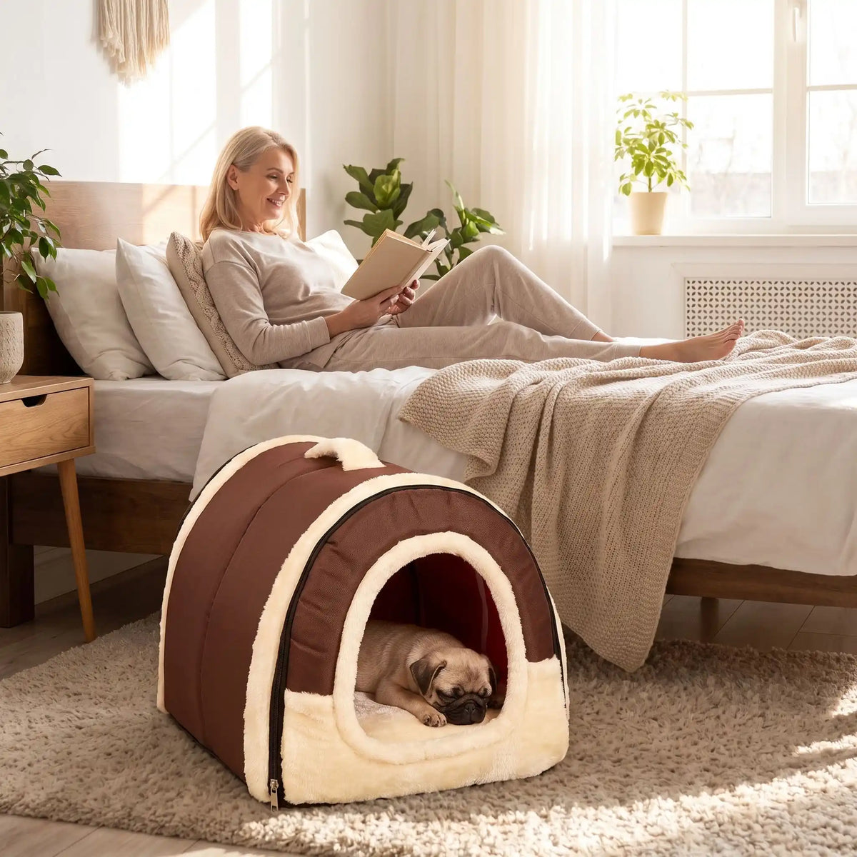 Niche chien et chiot intérieur de petite race, résistante, en forme d'igloo au design sécurisant fermée en arc de cercle avec un coussin rectangulaire au rembourrage 100% coton haute densité lavable,double face été en tissu/hiver en peluche  et fond antidérapant et extérieur 100% imperméable, transportable avec sa poignée, lavable- un chiot petite race qui dort couché confortablement au chaud dans sa niche douillette, chaude sécurisante à 360° avec son coussin réversible  au pied du lit de sa maitresse 