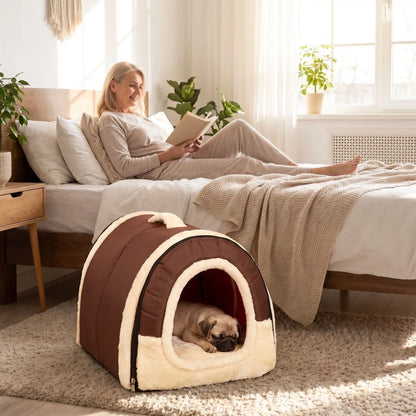 Niche chien et chiot intérieur de petite race, résistante, en forme d'igloo au design sécurisant fermée en arc de cercle avec un coussin rectangulaire au rembourrage 100% coton haute densité lavable,double face été en tissu/hiver en peluche  et fond antidérapant et extérieur 100% imperméable, transportable avec sa poignée, lavable- un chiot petite race qui dort couché confortablement au chaud dans sa niche douillette, chaude sécurisante à 360° avec son coussin réversible  au pied du lit de sa maitresse 