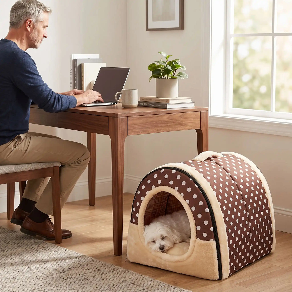Niche chien et chiot intérieur de petite race, résistante, en forme d'igloo au design sécurisant fermée en arc de cercle avec un coussin rectangulaire au rembourrage 100% coton haute densité lavable,double face été en tissu/hiver en peluche  et fond antidérapant et extérieur 100% imperméable, transportable avec sa poignée, lavable- un chien petite race qui dort couché confortablement au chaud dans sa niche douillette, chaude sécurisante à 360° au pied du bureau de son maitre qui travaille sur l'ordinateur