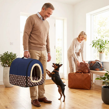 Niche chien et chiot intérieur de petite race, résistante, en forme d'igloo au design sécurisant fermée en arc de cercle avec un coussin rectangulaire au rembourrage 100% coton haute densité lavable,double face été en tissu/hiver en peluche  et fond antidérapant et extérieur 100% imperméable, transportable avec sa poignée, lavable- un maitre qui porte la petite niche douillette, chaude sécurisante à 360° pour son chien de race Toy pour partir en vacances et garder les repères de son chien anxieux