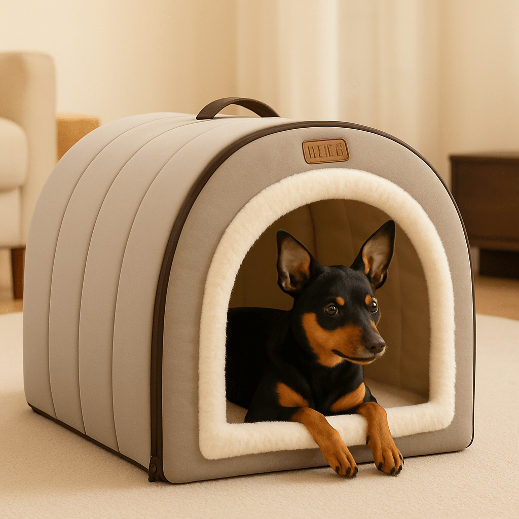 Niche-d-intérieur-pour-petit-chien-avec coussin rembourré 100% coton PP en peluche ultra doux-niche démontable, pliable, lavable en machine à laver-avec poignée de transport-antidérapant et imperméable-léger portable pour le transport-3 tailles, XS, S et M pour chien de petite taille de 0 à 8 kg-un chien nain couché confortablement au chaud dans sa niche douillette dans le salon de l'appartement