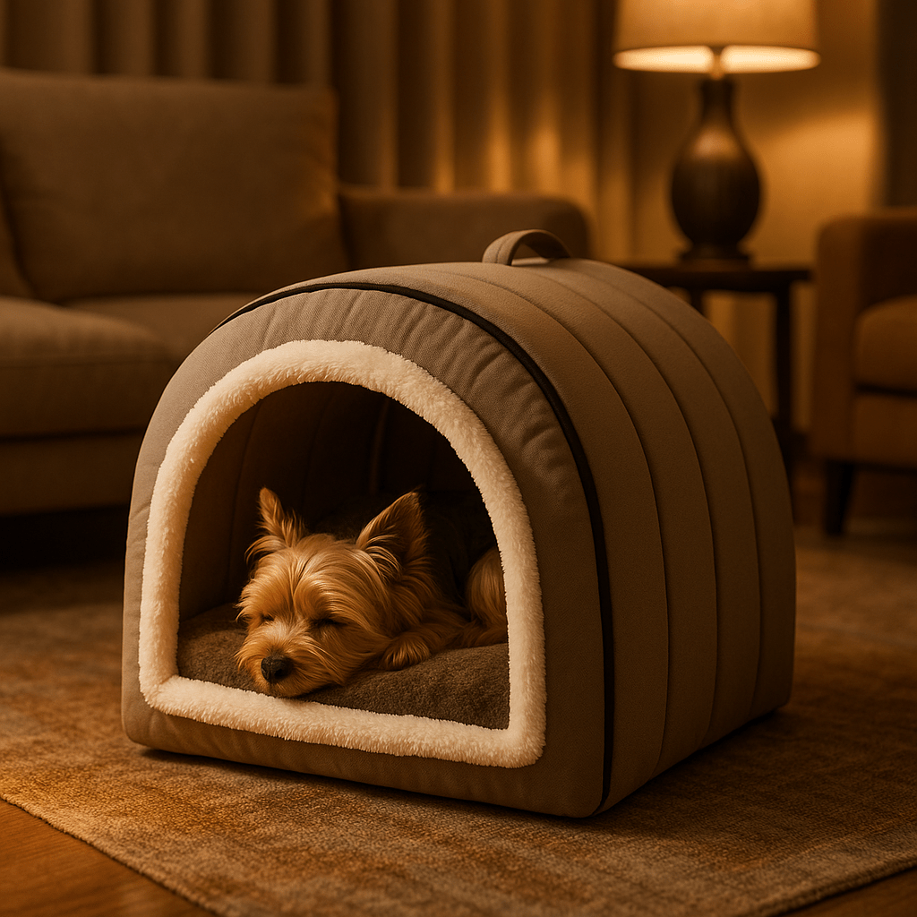 Niche-d-intérieur-pour-petit-chien-avec coussin rembourré 100% coton PP en peluche ultra doux-niche démontable, pliable, lavable en machine à laver-avec poignée de transport-antidérapant et imperméable-léger portable pour le transport-3 tailles, XS, S et M pour chien de petite taille de 0 à 8 kg-un chien de taille miniature couché confortablement au chaud dans sa niche douillette dans le salon de l'appartement