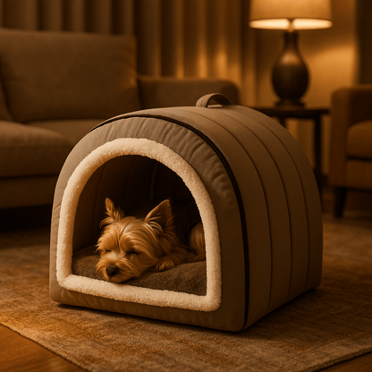Niche-d-intérieur-pour-petit-chien-avec coussin rembourré 100% coton PP en peluche ultra doux-niche démontable, pliable, lavable en machine à laver-avec poignée de transport-antidérapant et imperméable-léger portable pour le transport-3 tailles, XS, S et M pour chien de petite taille de 0 à 8 kg-un chien de taille miniature couché confortablement au chaud dans sa niche douillette dans le salon de l'appartement
