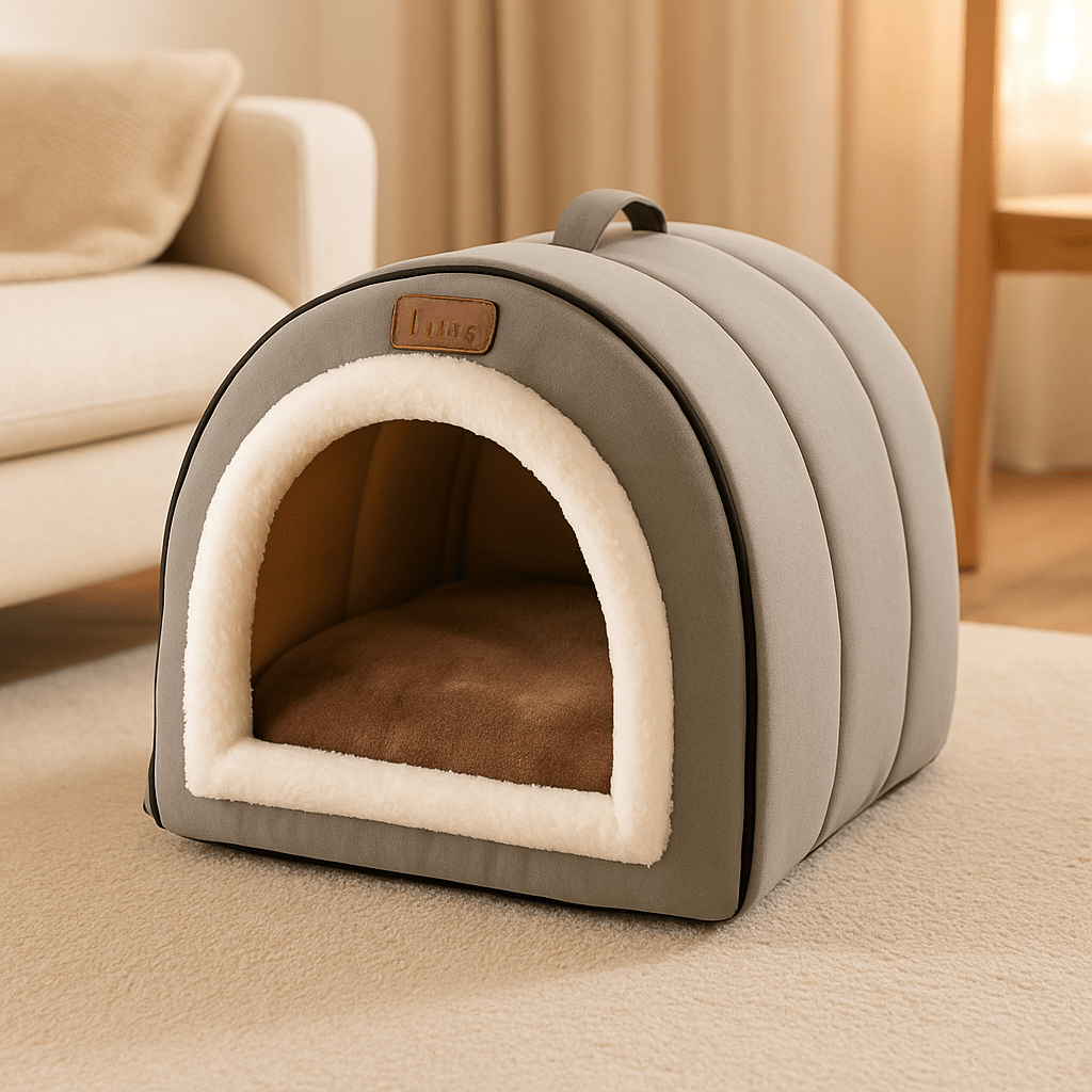 Niche-d-intérieur-pour-petit-chien-avec coussin rembourré 100% coton PP en peluche ultra doux-niche démontable, pliable, lavable en machine à laver-avec poignée de transport-antidérapant et imperméable-léger portable pour le transport-3 tailles, XS, S et M pour chien de petite taille de 0 à 8 kg-de couleur gris