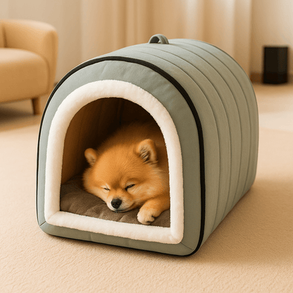 Niche-d-intérieur-pour-petit-chien-avec coussin rembourré 100% coton PP en peluche ultra doux-niche démontable, pliable, lavable en machine à laver-avec poignée de transport-antidérapant et imperméable-léger portable pour le transport-3 tailles, XS, S et M pour chien de petite taille de 0 à 8 kg-un chien de petite taille qui dort paisiblement au chaud dans sa niche douillette dans le salon de l'appartement