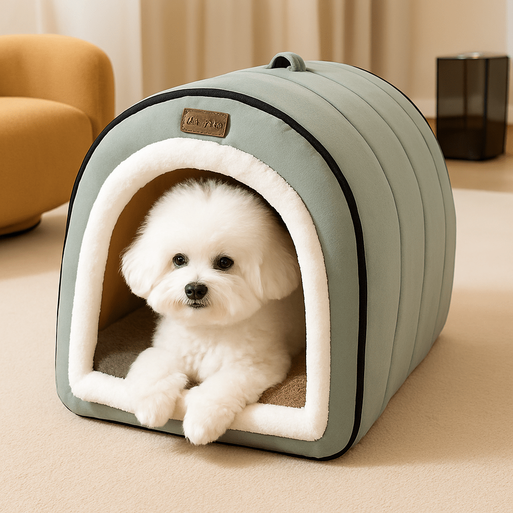 Niche-d-intérieur-pour-petit-chien-avec coussin rembourré 100% coton PP en peluche ultra doux-niche démontable, pliable, lavable en machine à laver-avec poignée de transport-antidérapant et imperméable-léger portable pour le transport-3 tailles, XS, S et M pour chien de petite taille de 0 à 8 kg-un petit chien blanc couché confortablement au chaud dans sa niche douillette dans le salon de l'appartement