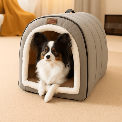 Niche-d-intérieur-pour-petit-chien-avec coussin rembourré 100% coton PP en peluche ultra doux-niche démontable, pliable, lavable en machine à laver-avec poignée de transport-antidérapant et imperméable-léger portable pour le transport-3 tailles, XS, S et M pour chien de petite taille de 0 à 8 kg-un chien de race Toy couché confortablement au chaud dans sa niche douillette dans le salon de l'appartement