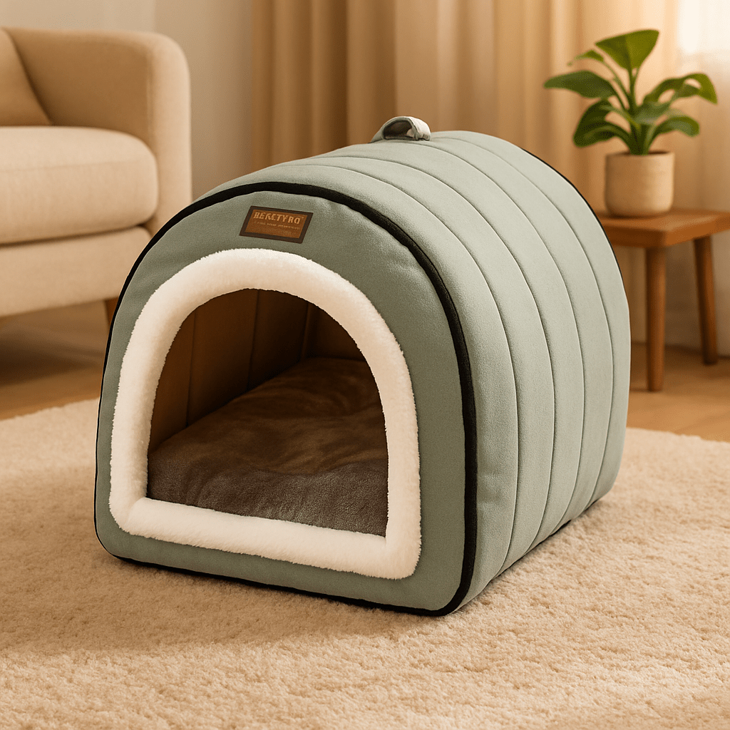 Niche-d-intérieur-pour-petit-chien-avec coussin rembourré 100% coton PP en peluche ultra doux-niche démontable, pliable, lavable en machine à laver-avec poignée de transport-antidérapant et imperméable-léger portable pour le transport-3 tailles, XS, S et M pour chien de petite taille de 0 à 8 kg-de couleur vert