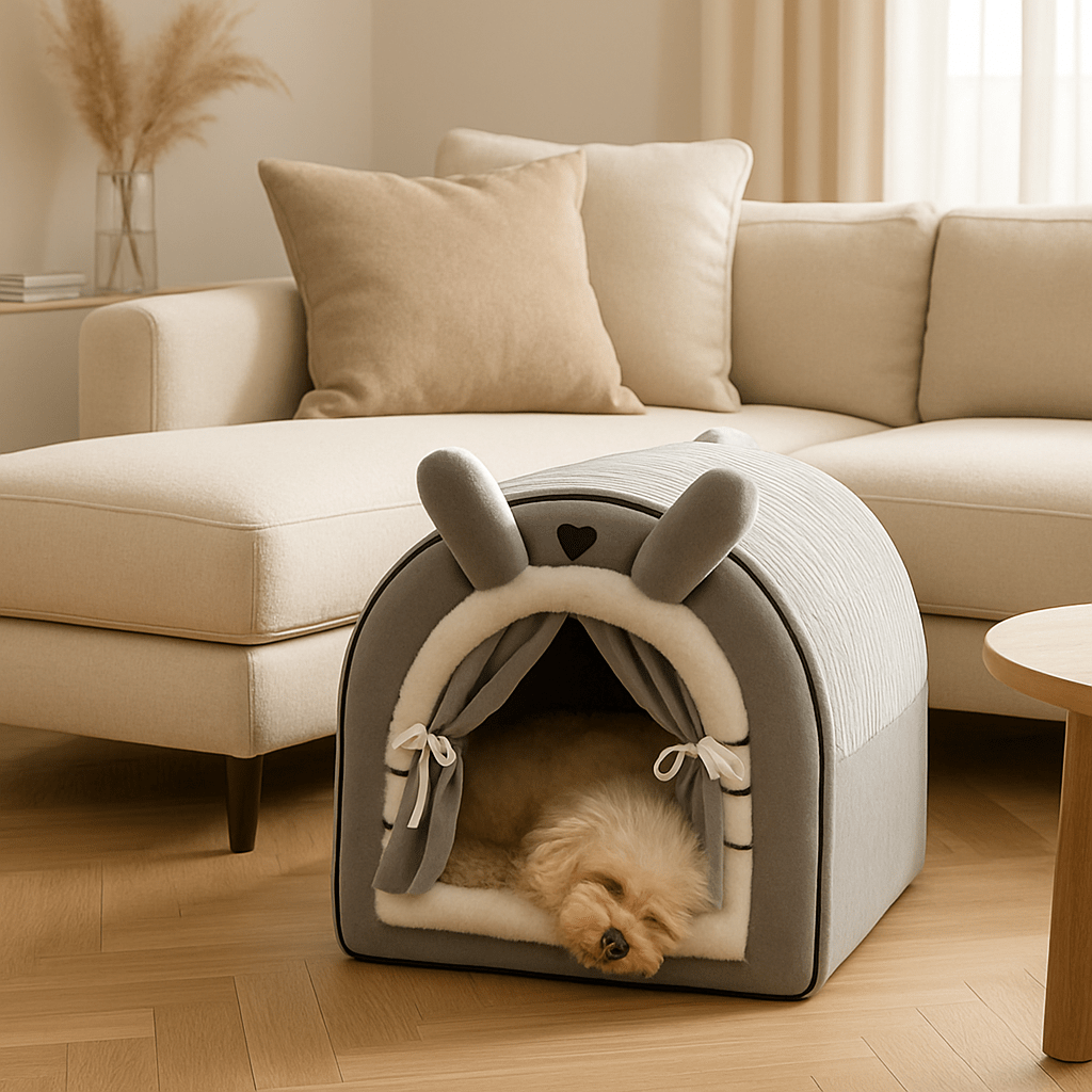 Niche-d-intérieur-pour-petit-chien-antidérapant-imperméable avec son coussin intérieur ergonomique amovible et déhoussable lavable en machine-en forme d'igloo chaud et entourant 100% coton pour une isolation thermique optimal-un chiot qui dort paisiblement dans sa niche au design mignon en peluche dans le salon de l'appartement