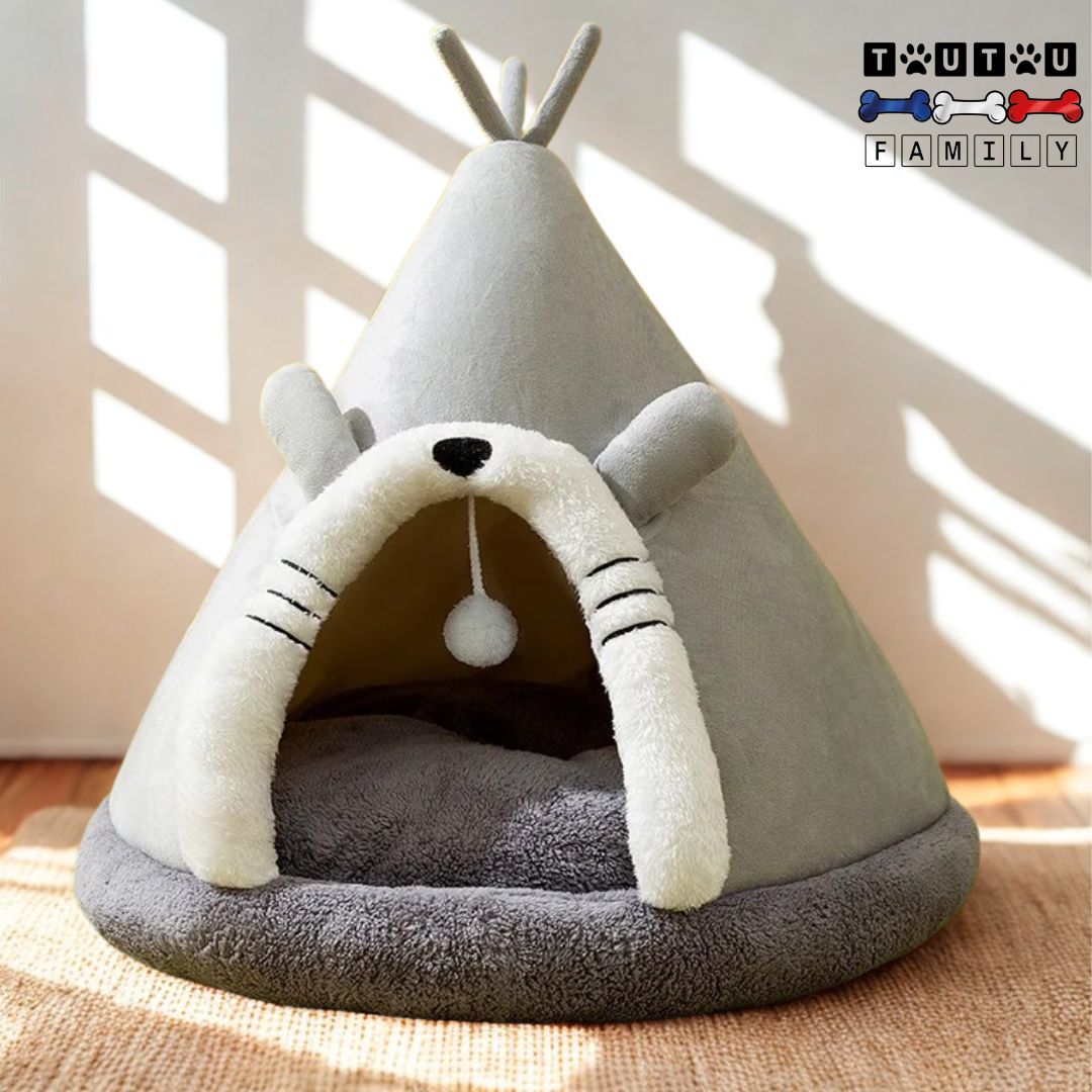 Niche-d-interieur-pour-petit-chien-gris- avec coussin intérieur 100% coton en forme de tipi avec design animal mignon de couleur gris
