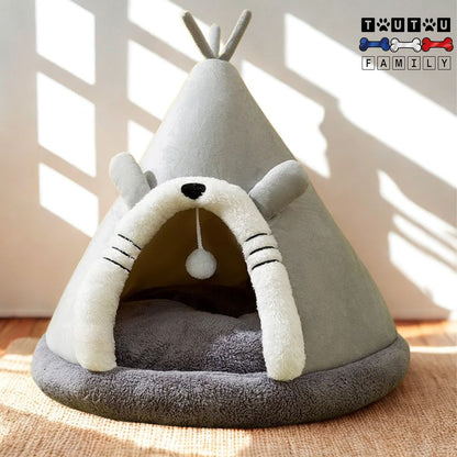 Niche-d-interieur-pour-petit-chien-gris- avec coussin intérieur 100% coton en forme de tipi avec design animal mignon de couleur gris