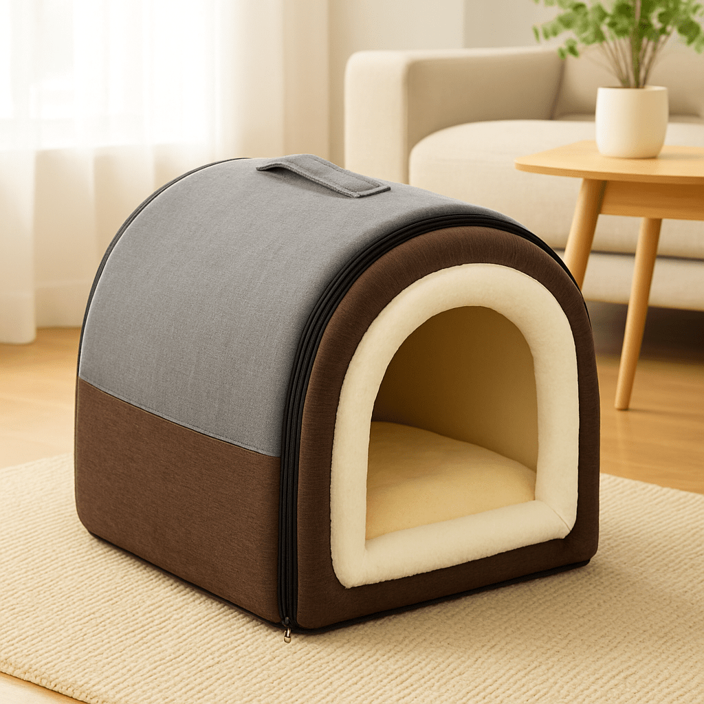 Niche-d-intérieur-pour-petit-chien-grotte-avec-coussin amovible intérieur rembourrage 100% coton haute densité et peluche douce et hypoallergénique-antidérapant et imperméable-en forme de dôme avec poignée de transport et ouverture par fermeture éclair des deux cotés, lavable et pliable pour chien de petite taille de 0 à 5 kg-résistante aux griffes et aux morsures de couleur gris
