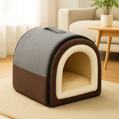 Niche-d-intérieur-pour-petit-chien-grotte-avec-coussin amovible intérieur rembourrage 100% coton haute densité et peluche douce et hypoallergénique-antidérapant et imperméable-en forme de dôme avec poignée de transport et ouverture par fermeture éclair des deux cotés, lavable et pliable pour chien de petite taille de 0 à 5 kg-résistante aux griffes et aux morsures de couleur gris