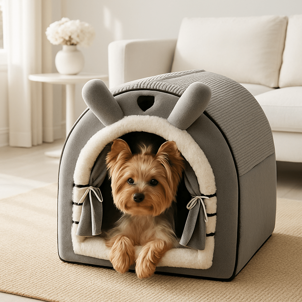 Niche-d-intérieur-pour-petit-chien-antidérapant-imperméable avec son coussin intérieur ergonomique amovible et déhoussable lavable en machine-en forme d'igloo chaud et entourant 100% coton pour une isolation thermique optimal-un Yorshire couché confortablement dans sa niche au design mignon en peluche dans le salon de la maison