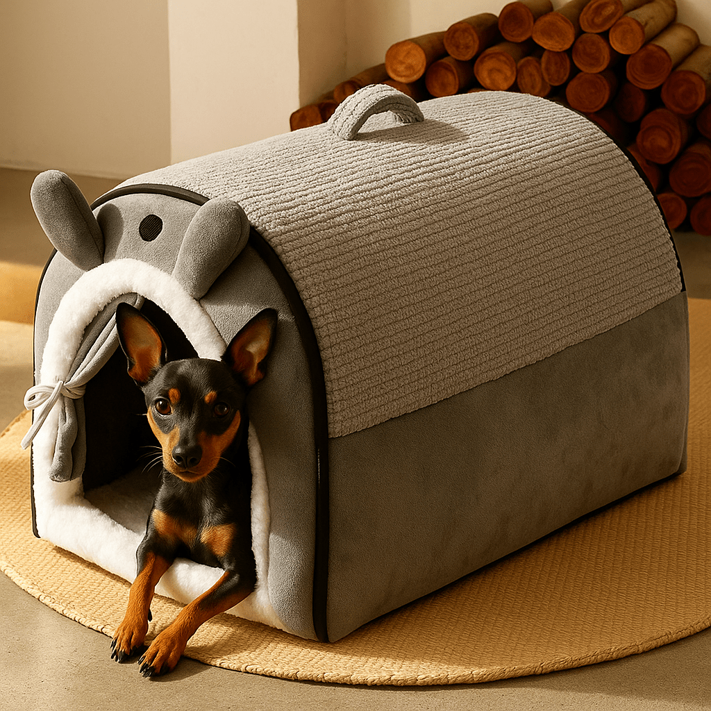 Niche-d-intérieur-pour-petit-chien-antidérapant-imperméable avec son coussin intérieur ergonomique amovible et déhoussable lavable en machine-en forme d'igloo chaud et entourant 100% coton pour une isolation thermique optimal-un chien nain couché confortablement dans sa niche au design mignon en peluche dans le salon de l'appartement