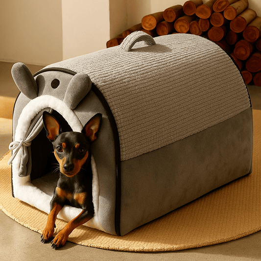 Niche-d-intérieur-pour-petit-chien-antidérapant-imperméable avec son coussin intérieur ergonomique amovible et déhoussable lavable en machine-en forme d'igloo chaud et entourant 100% coton pour une isolation thermique optimal-un chien nain couché confortablement dans sa niche au design mignon en peluche dans le salon de l'appartement
