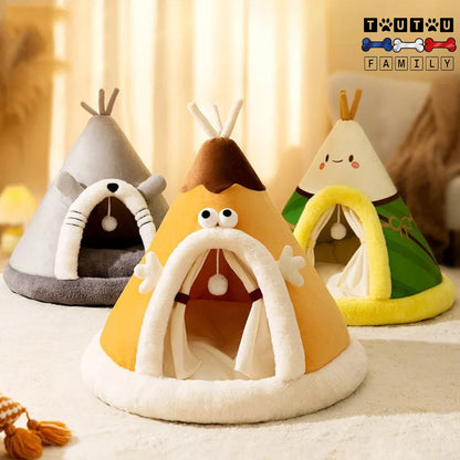 Niche-d-intérieur-pour-petit-chien-lavable-3 coloris disponible et 2 tailles -niche de couleur vert marron et gris avec design mignon et original en forme de tipi