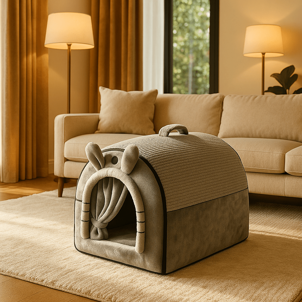 Niche-d-intérieur-pour-petit-chien-antidérapant-imperméable avec son coussin intérieur ergonomique amovible et déhoussable lavable en machine-en forme d'igloo chaud et entourant 100% coton pour une isolation thermique optimal-design mignon d'oreille de lapin de couelur gris, disponible en taille S et M pour chgien de petite taille