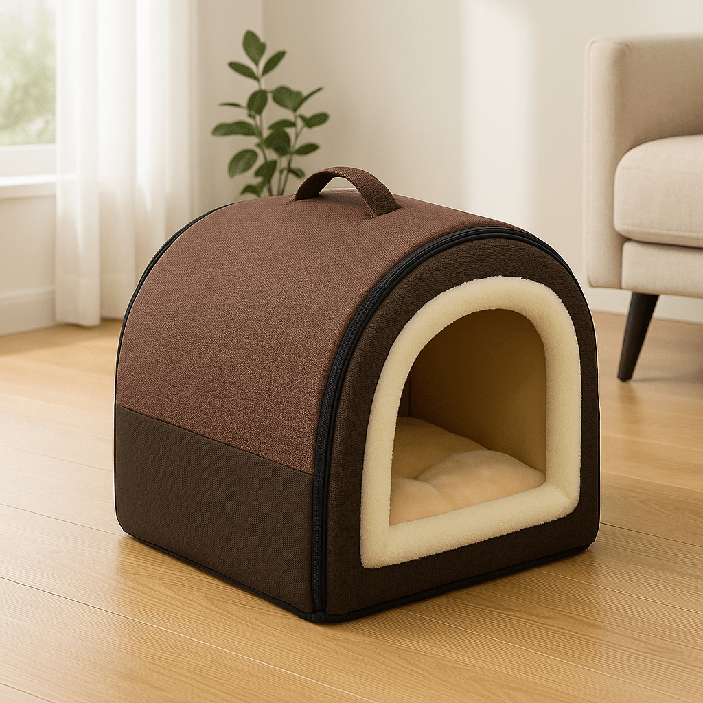 Niche-d-intérieur-pour-petit-chien-grotte-avec-coussin amovible intérieur rembourrage 100% coton haute densité et peluche douce et hypoallergénique-antidérapant et imperméable-en forme de dôme avec poignée de transport et ouverture par fermeture éclair des deux cotés, lavable et pliable pour chien de petite taille de 0 à 5 kg-de couleur marron et intérieur douillet en peluche crème
