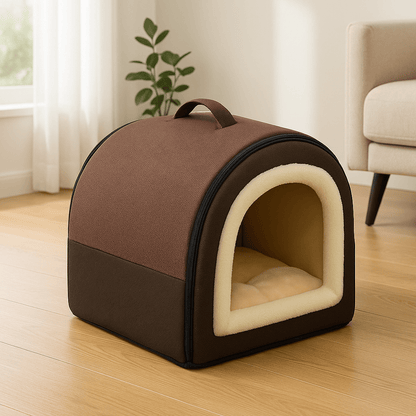 Niche-d-intérieur-pour-petit-chien-grotte-avec-coussin amovible intérieur rembourrage 100% coton haute densité et peluche douce et hypoallergénique-antidérapant et imperméable-en forme de dôme avec poignée de transport et ouverture par fermeture éclair des deux cotés, lavable et pliable pour chien de petite taille de 0 à 5 kg-de couleur marron et intérieur douillet en peluche crème