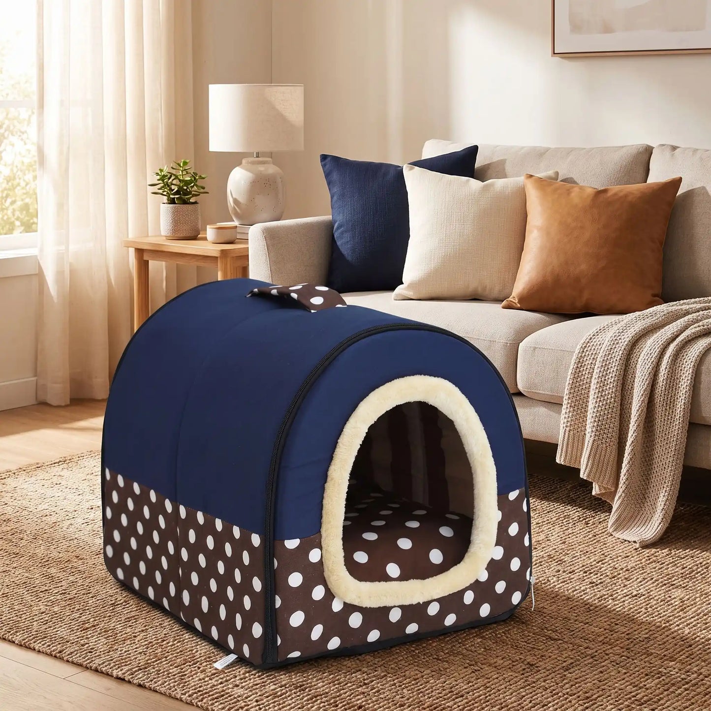 Niche chien et chiot intérieur de petite race, résistante, en forme d'igloo au design sécurisant fermée en arc de cercle avec un coussin rectangulaire au rembourrage 100% coton haute densité lavable,double face été en tissu/hiver en peluche  et fond antidérapant et extérieur 100% imperméable, transportable avec sa poignée, lavable- gros plan sur la niche douillette, chaude sécurisante à 360° avec son coussin réversible été/hiver bleu marine et marron à pois blanc dans le salon de l'appartement