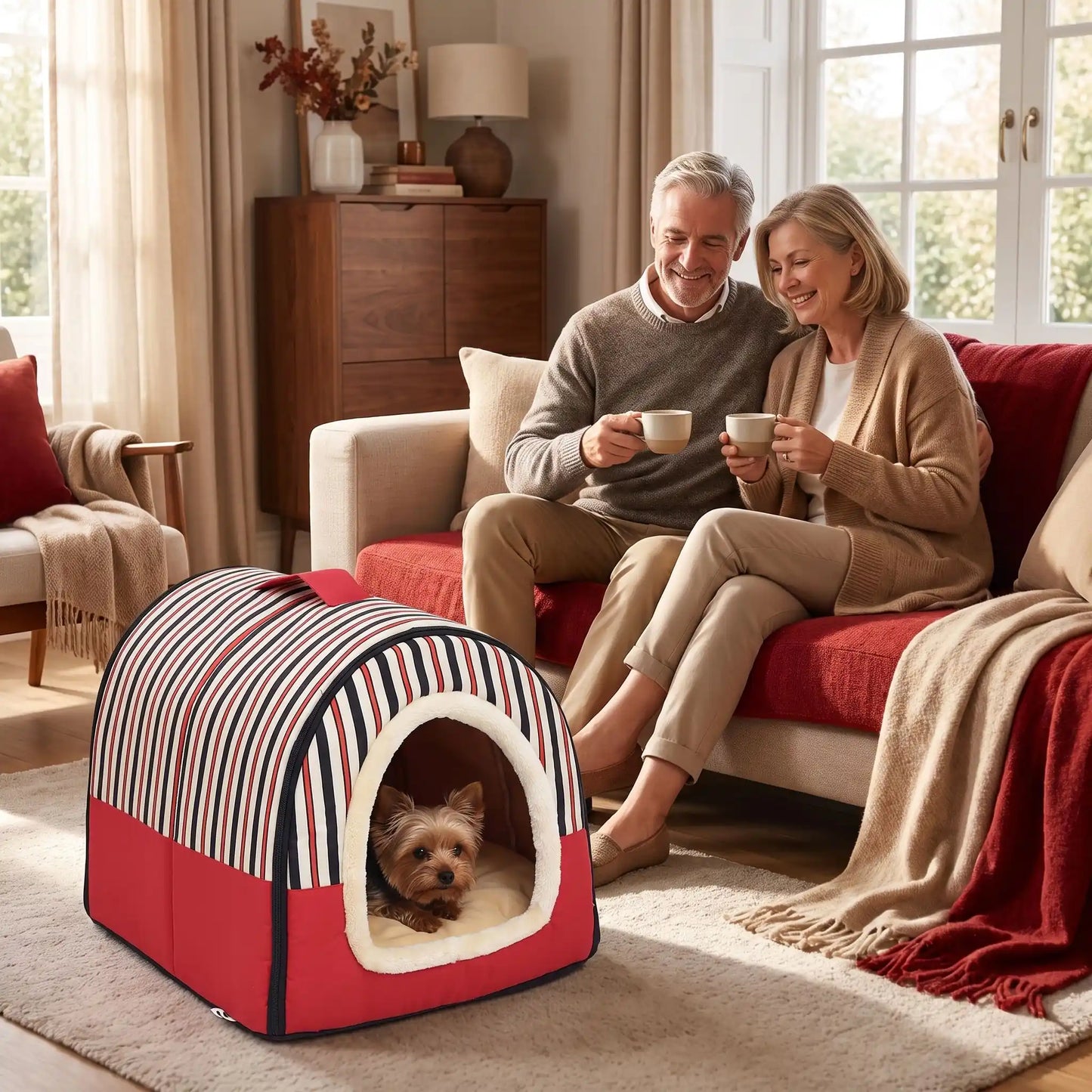 Niche chien et chiot intérieur de petite race, résistante, en forme d'igloo au design sécurisant fermée en arc de cercle avec un coussin rectangulaire au rembourrage 100% coton haute densité lavable,double face été en tissu/hiver en peluche  et fond antidérapant et extérieur 100% imperméable, transportable avec sa poignée, lavable- un chien de petite race couché confortablement au chaud dans sa niche douillette, chaude sécurisante à 360° au pied du canapé où ses maitres assis prennent le café dans le salon 