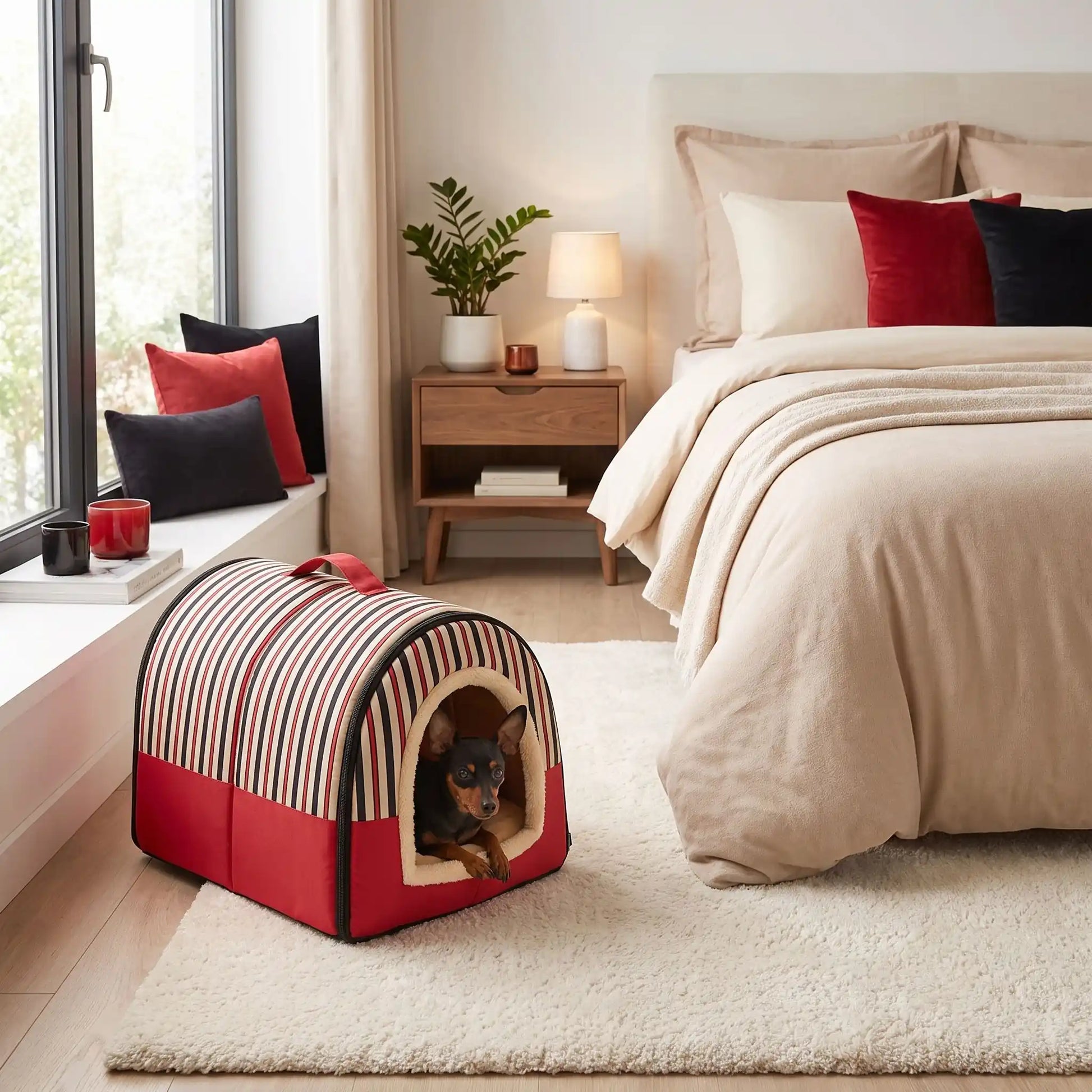 Niche chien et chiot intérieur de petite race, résistante, en forme d'igloo au design sécurisant fermée en arc de cercle avec un coussin rectangulaire au rembourrage 100% coton haute densité lavable,double face été en tissu/hiver en peluche  et fond antidérapant et extérieur 100% imperméable, transportable avec sa poignée, lavable- un chien race miniature couché confortablement au chaud dans sa niche douillette, chaude sécurisante à 360° avec son coussin réversible été/hiver dans la chambre de la maison