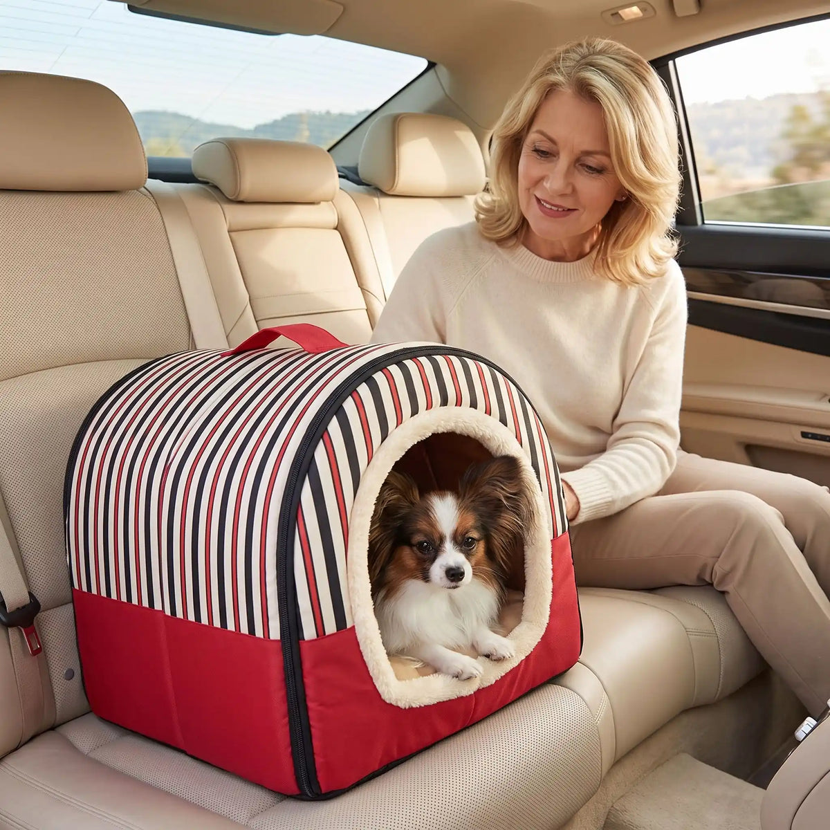 Niche chien et chiot intérieur de petite race, résistante, en forme d'igloo au design sécurisant fermée en arc de cercle avec un coussin rectangulaire au rembourrage 100% coton haute densité lavable,double face été en tissu/hiver en peluche  et fond antidérapant et extérieur 100% imperméable, transportable avec sa poignée, lavable- un chien race toy couché confortablement au chaud dans sa niche douillette, chaude sécurisante à 360° sur les sièges arrières de la voiture au côté de sa maitresse qui le rassure