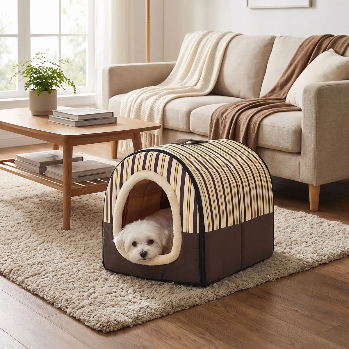 Niche chien et chiot intérieur de petite race, résistante, en forme d'igloo au design sécurisant fermée en arc de cercle avec un coussin rectangulaire au rembourrage 100% coton haute densité lavable,double face été en tissu/hiver en peluche  et fond antidérapant et extérieur 100% imperméable, transportable avec sa poignée, lavable- un chien de petite race couché confortablement au chaud dans sa niche douillette, chaude sécurisante à 360° avec son coussin réversible été/hiver dans le salon de la maison