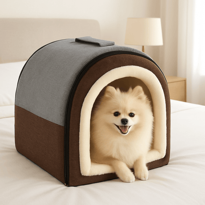 Niche-d-intérieur-pour-petit-chien-grotte-avec-coussin amovible intérieur rembourrage 100% coton haute densité et peluche douce et hypoallergénique-antidérapant et imperméable-en forme de dôme avec poignée de transport et ouverture par fermeture éclair des deux cotés, lavable et pliable pour chien de petite taille de 0 à 5 kg-Un petit chien à poils longs couché confortablement au chaud dans sa niche grise sur le lit de la chambre de l'appartement