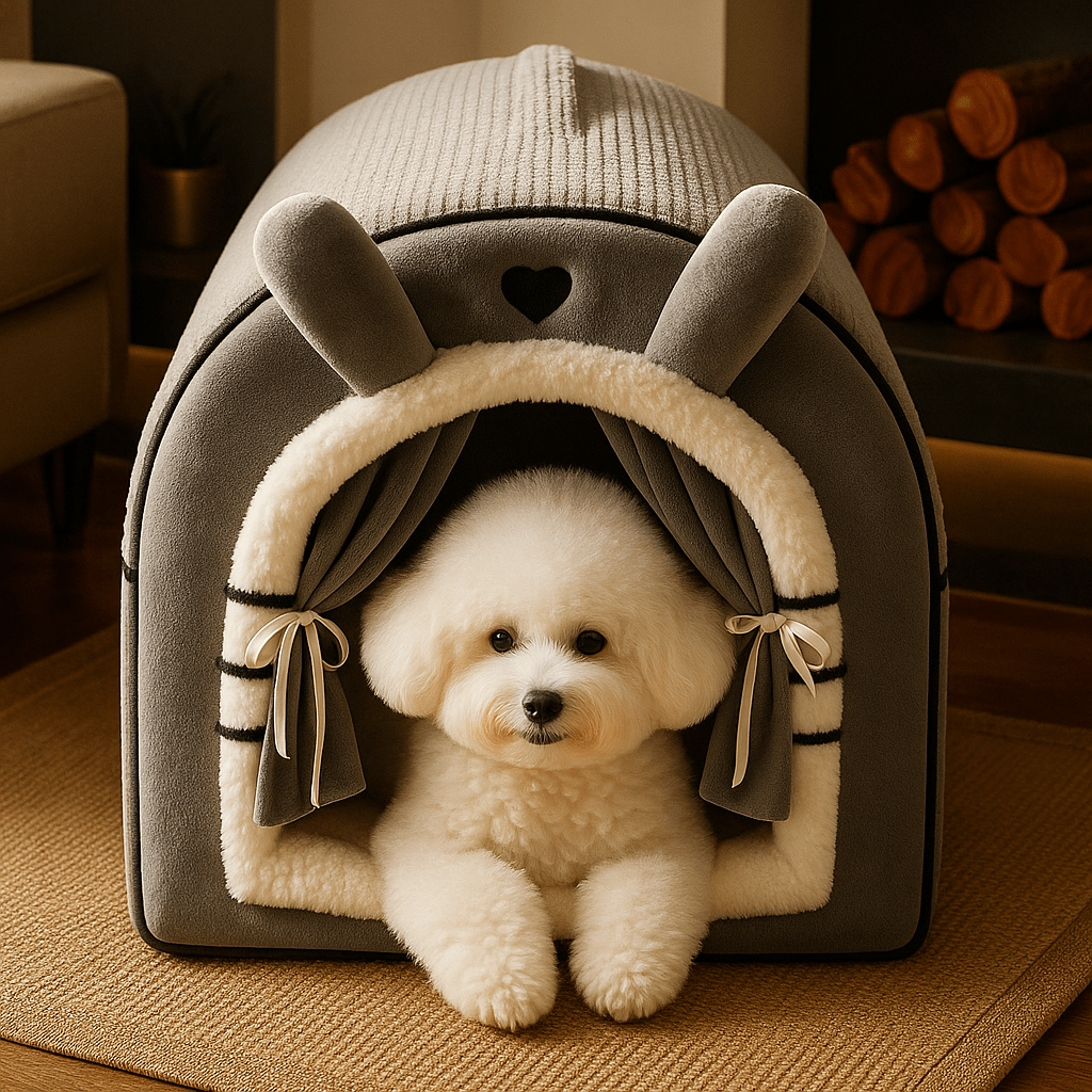 Niche-d-intérieur-pour-petit-chien-antidérapant-imperméable avec son coussin intérieur ergonomique amovible et déhoussable lavable en machine-en forme d'igloo chaud et entourant 100% coton pour une isolation thermique optimal-un petit chien couché confortablement dans sa petite maison avec coussin déhoussable et lavable en machine au design mignon en peluche dans le salon de l'appartement